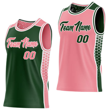 Custom Green Medium Pink-White Side Panel Stripe Geometric Triangle Gradient Dot Reversible Double Side Sublimation Basketball Set Jersey