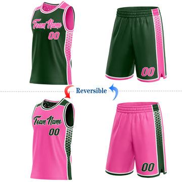 Custom Green Pink-White Side Panel Stripe Geometric Triangle Gradient Dot Reversible Double Side Sublimation Basketball Set Jersey