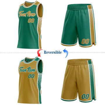 Custom Kelly Green Old Gold-White Side Panel Stripe Geometric Triangle Gradient Dot Reversible Double Side Sublimation Basketball Set Jersey