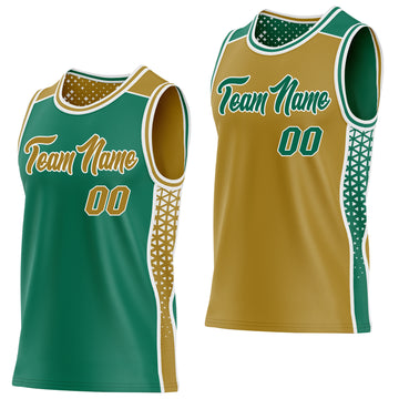 Custom Kelly Green Old Gold-White Side Panel Stripe Geometric Triangle Gradient Dot Reversible Double Side Sublimation Basketball Set Jersey