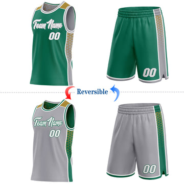 Custom Kelly Green White Gray-Old Gold Side Panel Stripe Geometric Triangle Gradient Dot Reversible Double Side Sublimation Basketball Set Jersey