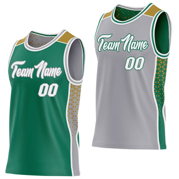 Custom Kelly Green White Gray-Old Gold Side Panel Stripe Geometric Triangle Gradient Dot Reversible Double Side Sublimation Basketball Set Jersey