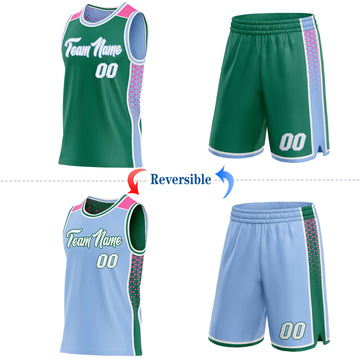 Custom Kelly Green White Light Blue-Pink Side Panel Stripe Geometric Triangle Gradient Dot Reversible Double Side Sublimation Basketball Set Jersey