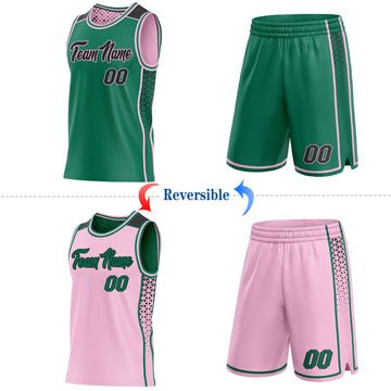 Custom Kelly Green Black-Light Pink Side Panel Stripe Geometric Triangle Gradient Dot Reversible Double Side Sublimation Basketball Set Jersey