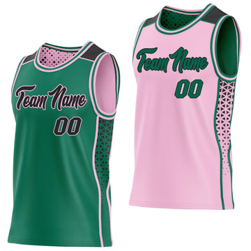 Custom Kelly Green Black-Light Pink Side Panel Stripe Geometric Triangle Gradient Dot Reversible Double Side Sublimation Basketball Set Jersey