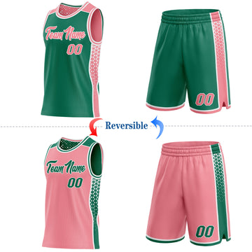 Custom Kelly Green Medium Pink-White Side Panel Stripe Geometric Triangle Gradient Dot Reversible Double Side Sublimation Basketball Set Jersey