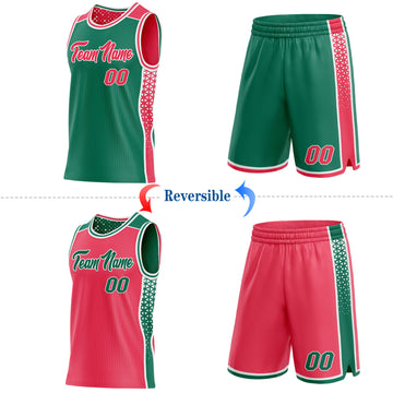 Custom Kelly Green Neon Pink-White Side Panel Stripe Geometric Triangle Gradient Dot Reversible Double Side Sublimation Basketball Set Jersey