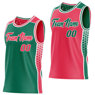Custom Kelly Green Neon Pink-White Side Panel Stripe Geometric Triangle Gradient Dot Reversible Double Side Sublimation Basketball Set Jersey