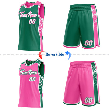 Custom Kelly Green White-Pink Side Panel Stripe Geometric Triangle Gradient Dot Reversible Double Side Sublimation Basketball Set Jersey