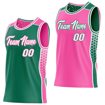 Custom Kelly Green White-Pink Side Panel Stripe Geometric Triangle Gradient Dot Reversible Double Side Sublimation Basketball Set Jersey