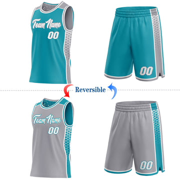 Custom Teal White-Gray Side Panel Stripe Geometric Triangle Gradient Dot Reversible Double Side Sublimation Basketball Set Jersey