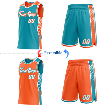 Custom Teal White-Orange Side Panel Stripe Geometric Triangle Gradient Dot Reversible Double Side Sublimation Basketball Set Jersey