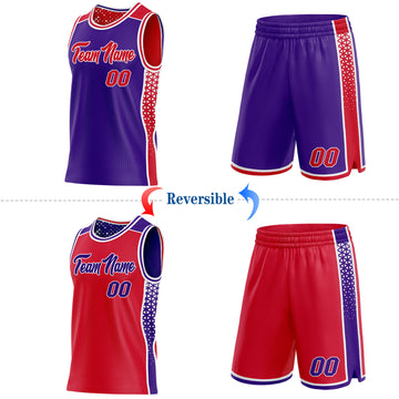 Custom Purple Red-White Side Panel Stripe Geometric Triangle Gradient Dot Reversible Double Side Sublimation Basketball Set Jersey