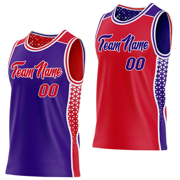 Custom Purple Red-White Side Panel Stripe Geometric Triangle Gradient Dot Reversible Double Side Sublimation Basketball Set Jersey