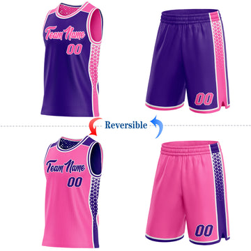 Custom Purple Pink-White Side Panel Stripe Geometric Triangle Gradient Dot Reversible Double Side Sublimation Basketball Set Jersey