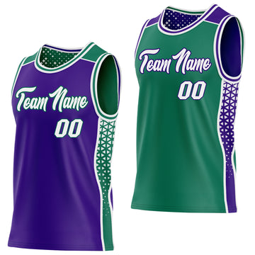 Custom Purple White-Kelly Green Side Panel Stripe Geometric Triangle Gradient Dot Reversible Double Side Sublimation Basketball Set Jersey