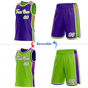 Custom Purple White Neon Green-Pink Side Panel Stripe Geometric Triangle Gradient Dot Reversible Double Side Sublimation Basketball Set Jersey