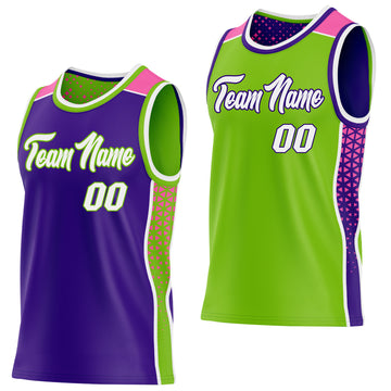 Custom Purple White Neon Green-Pink Side Panel Stripe Geometric Triangle Gradient Dot Reversible Double Side Sublimation Basketball Set Jersey