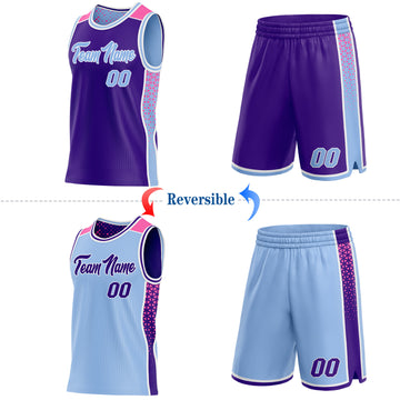 Custom Purple Light Blue White-Pink Side Panel Stripe Geometric Triangle Gradient Dot Reversible Double Side Sublimation Basketball Set Jersey
