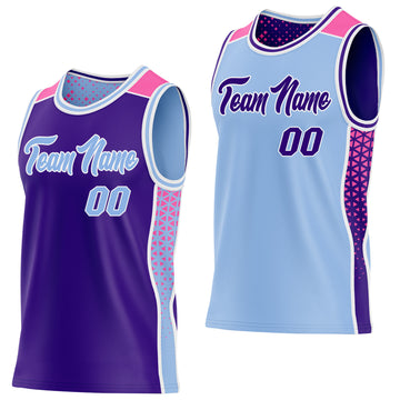 Custom Purple Light Blue White-Pink Side Panel Stripe Geometric Triangle Gradient Dot Reversible Double Side Sublimation Basketball Set Jersey
