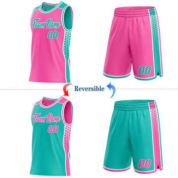 Custom Pink Aqua-White Side Panel Stripe Geometric Triangle Gradient Dot Reversible Double Side Sublimation Basketball Set Jersey