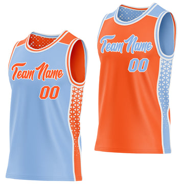 Custom Light Blue Orange-White Side Panel Stripe Geometric Triangle Gradient Dot Reversible Double Side Sublimation Basketball Set Jersey