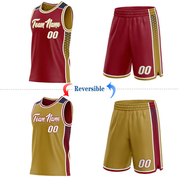 Custom Maroon White Old Gold-Navy Side Panel Stripe Geometric Triangle Gradient Dot Reversible Double Side Sublimation Basketball Set Jersey