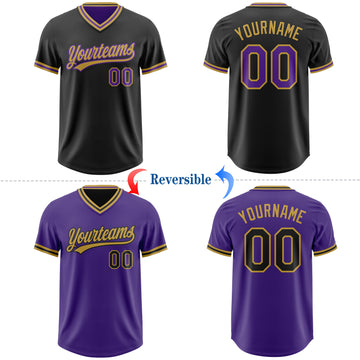 Custom Black Purple-Old Gold Reversible Pullover Baseball Jersey Shirt