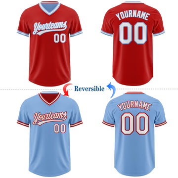 Custom Red White-Light Blue Reversible Pullover Baseball Jersey Shirt