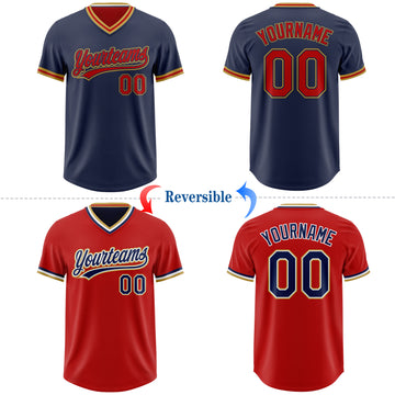 Custom Navy Red-Old Gold Reversible Pullover Baseball Jersey Shirt