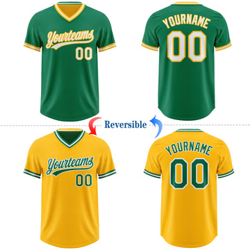 Custom Kelly Green White-Gold Reversible Pullover Baseball Jersey Shirt