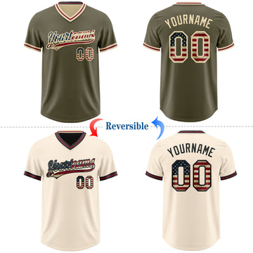 Custom Olive Vintage USA Flag Cream-Crimson Reversible Pullover Baseball Jersey Shirt