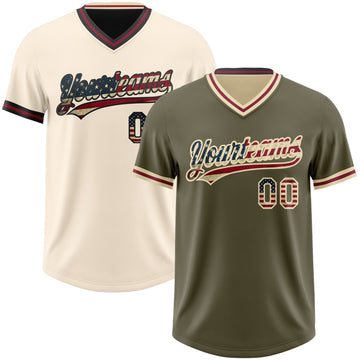 Custom Olive Vintage USA Flag Cream-Crimson Reversible Pullover Baseball Jersey Shirt