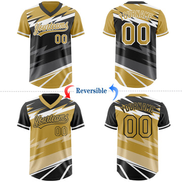 Custom Old Gold Black Lightning Geometric Zigzag Reversible Pullover Baseball Jersey Shirt