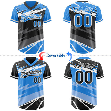 Custom Electric Blue Black Lightning Geometric Zigzag Reversible Pullover Baseball Jersey Shirt