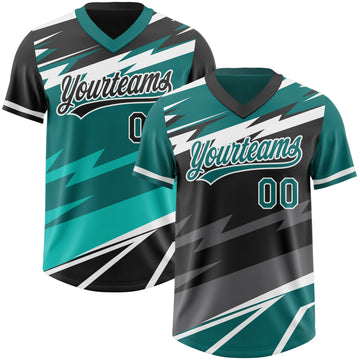 Custom Teal Black Lightning Geometric Zigzag Reversible Pullover Baseball Jersey Shirt
