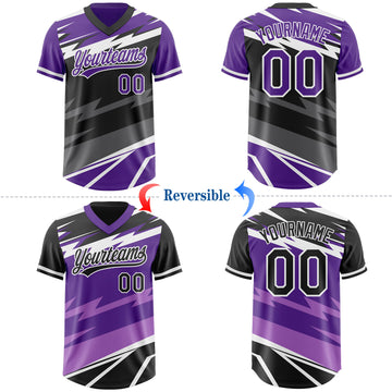 Custom Purple Black Lightning Geometric Zigzag Reversible Pullover Baseball Jersey Shirt