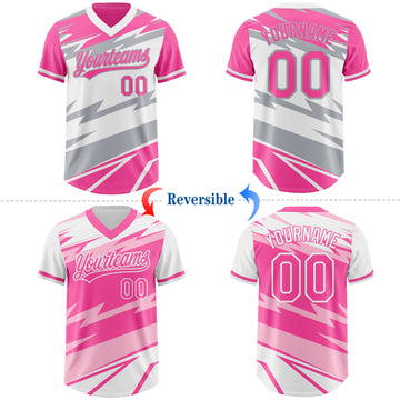 Custom Pink White Lightning Geometric Zigzag Reversible Pullover Baseball Jersey Shirt