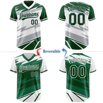 Custom Green White Lightning Geometric Zigzag Reversible Pullover Baseball Jersey Shirt