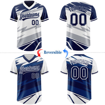 Custom Navy White Lightning Geometric Zigzag Reversible Pullover Baseball Jersey Shirt