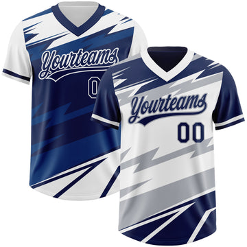 Custom Navy White Lightning Geometric Zigzag Reversible Pullover Baseball Jersey Shirt