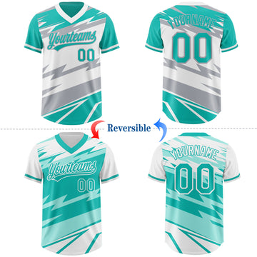 Custom Aqua White Lightning Geometric Zigzag Reversible Pullover Baseball Jersey Shirt