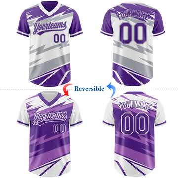 Custom Purple White Lightning Geometric Zigzag Reversible Pullover Baseball Jersey Shirt