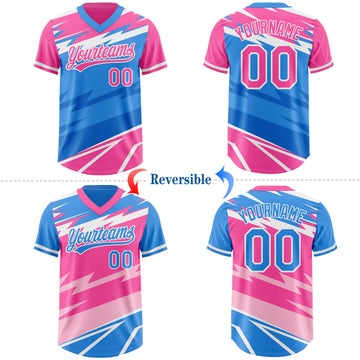 Custom Pink Electric Blue Lightning Geometric Zigzag Reversible Pullover Baseball Jersey Shirt