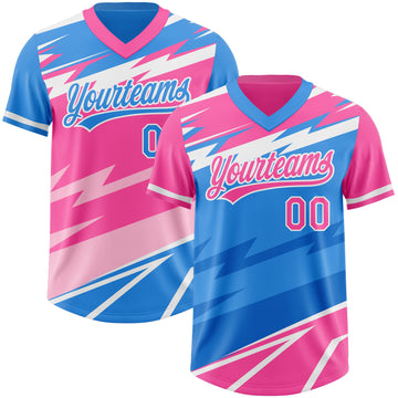 Custom Pink Electric Blue Lightning Geometric Zigzag Reversible Pullover Baseball Jersey Shirt