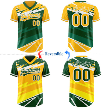 Custom Gold Green Lightning Geometric Zigzag Reversible Pullover Baseball Jersey Shirt