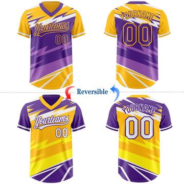 Custom Gold Purple Lightning Geometric Zigzag Reversible Pullover Baseball Jersey Shirt