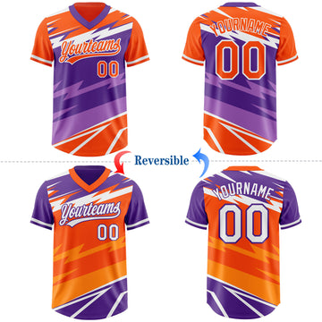 Custom Orange Purple Lightning Geometric Zigzag Reversible Pullover Baseball Jersey Shirt