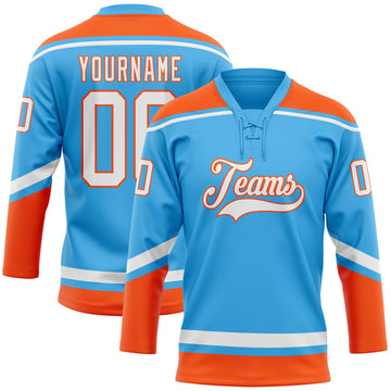Custom Sky Blue White-Orange Hockey Lace Neck Jersey