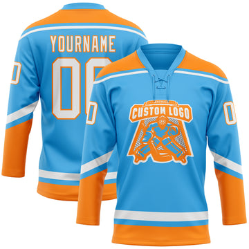 Custom Sky Blue White-Bay Orange Hockey Lace Neck Jersey